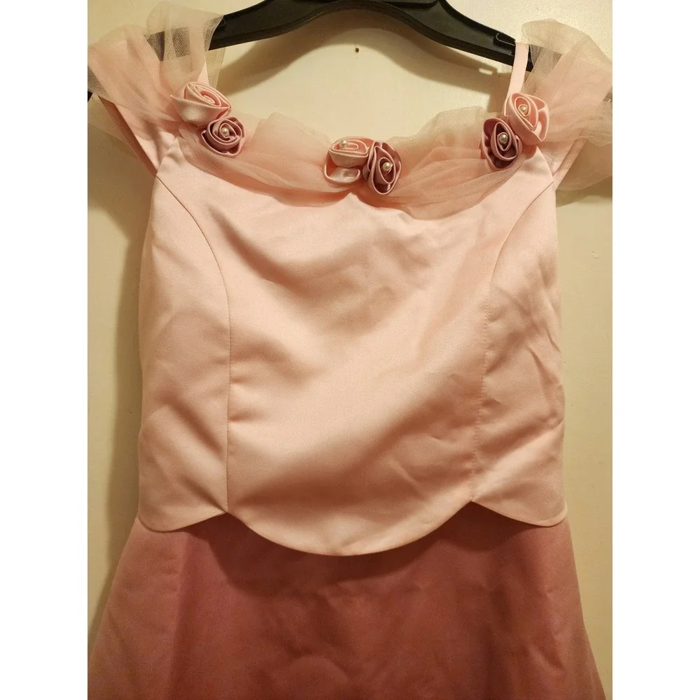 Biscotti Girls Pink Satin Formal Gown Rosette Pearl Tulle Dress Size 16 379CBD